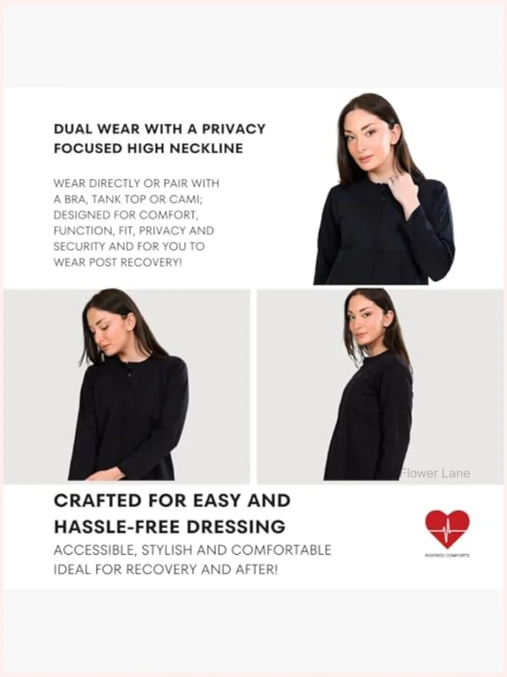 Mastectomy Recovery Full Sleeve Zip Up Top with Drain Pockets, Crew Neck, Long